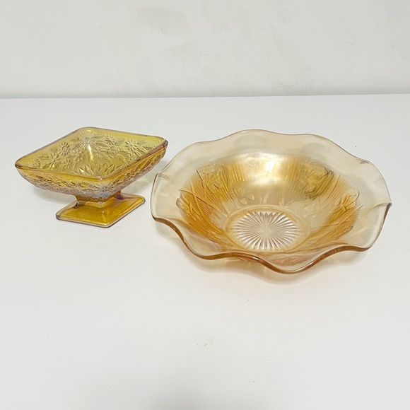 Vintage Set of Amber / Carnival Glass iridescent ruffle bowl and candy dish - Picture 1 of 6